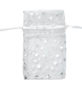 whit with silver stars organza drawstring bag 27257-bx